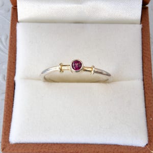 Puede incluir: Un anillo de plata con una pequeña piedra preciosa rosa redonda engastada en el centro. La banda está acentuada con dos pequeños detalles cilíndricos de tono dorado a los lados de la piedra, creando un diseño simple y refinado en una caja.