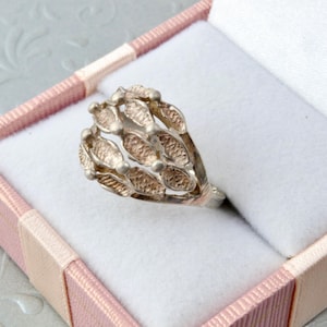 Puede incluir: Un anillo de tono plateado con una estructura en forma de jaula compuesta por múltiples elementos metálicos texturizados de forma ovalada, dispuestos en un patrón vertical y redondeado. El anillo se muestra dentro de un joyero rosa claro.