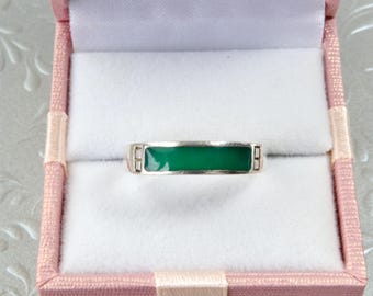 Anillo fino de plata de ley con esmalte verde, anillo minimalista de rayas sólidas.