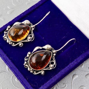 Amber sterling silver earrings, Hanging drop earrings cognac amber, Handmade natural baltic amber earrings