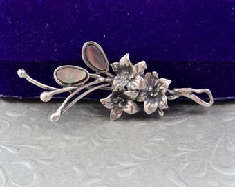 Broche Florale Vintage Années 1950 – Perles, Métal Argenté, Verre, Occasion, Pièce De Collection