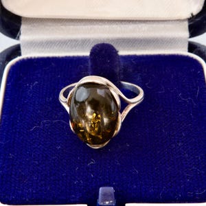 Green amber sterling silver ring, Oval ring with green natural amber, Handmade silver ring