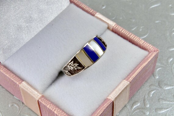 Solid sterling silver striped ring with blue and … - image 3