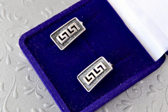 Rectangular sterling silver stud earrings Greek p… - image 2