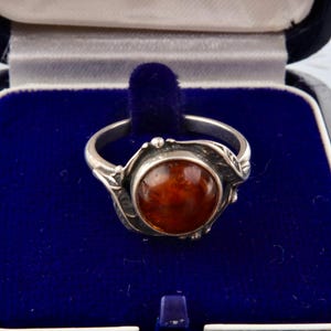 Sterling silver amber ring, Natural Baltic amber, Ring with floral ornament, Vintage handmade silver ring