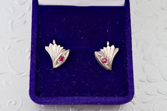 Vintage Soviet Sterling Silver Ruby Earrings, Abs… - image 1
