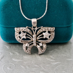 Sterling silver butterfly pendant on thin chain, Butterfly pendant white rhinestones, Silver butterfly necklace