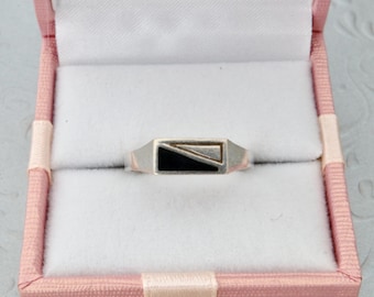 Anillo de plata de ley con esmalte negro, anillo de sello fino, anillo de plata vintage con superficie plana