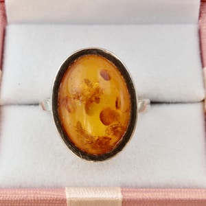 Sterling silver amber ring, Minimalistic oval ring with honey amber