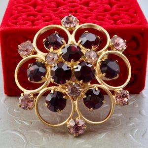 Vintage amethyst rhinestones brooch, Round gold tone brooch with purple rhinestones, Vintage Czech costume jewelry