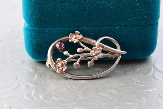 Antique Sterling Silver Gold Plating Flowers Brooch, Victorian Ruby Small Pin