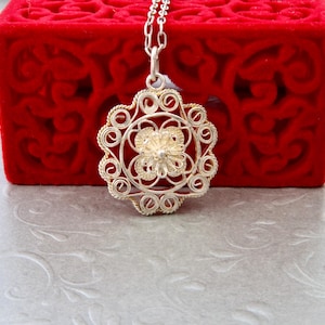 Sterling silver necklace floral pendant, Round silver pendant with floral filigree, Openwork necklace