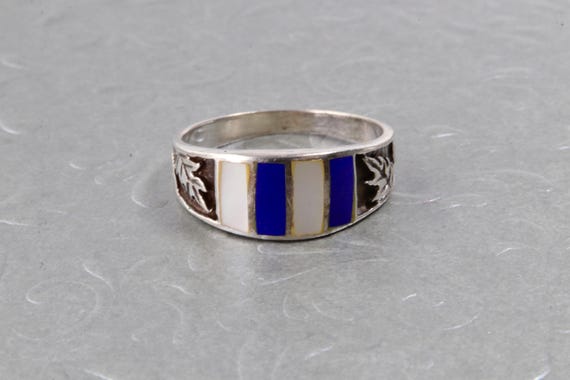 Solid sterling silver striped ring with blue and … - image 5