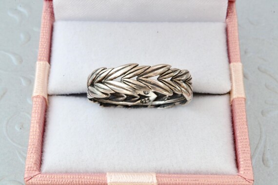 Sterling silver solid stripe ring, Silver leaves … - image 2