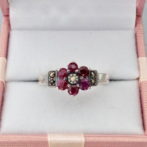 Ruby sterling silver ring, Floral ring with rubies and marcasites