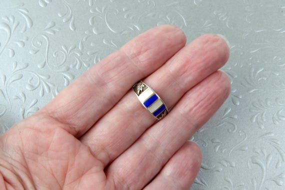Solid sterling silver striped ring with blue and … - image 9