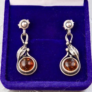 Sterling silver amber earrings, Hanging drop earrings, Handmade silver earrings with leaves, Floral ornament