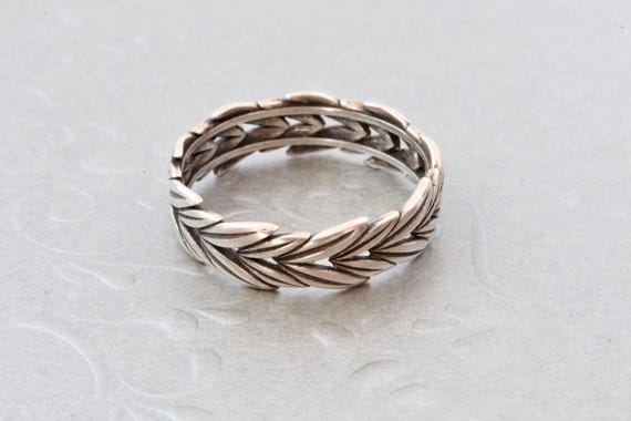 Sterling silver solid stripe ring, Silver leaves … - image 7