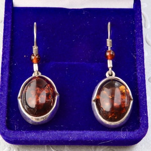 Amber sterling silver earrings, Oval dangle earrings cognac amber, Handmade silver earrings