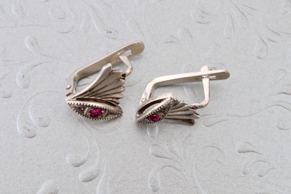 Vintage Soviet Sterling Silver Ruby Earrings, Abs… - image 8