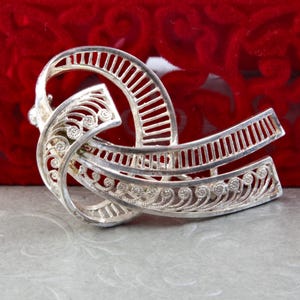 Vintage silver brooch curls filigree, Ribbons silver brooch, Modernist 835 silver brooch