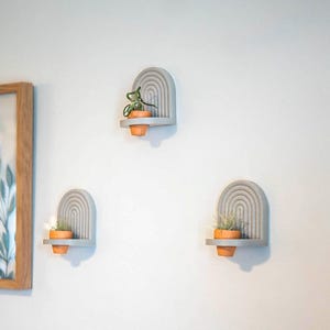 May include: Three gray, arched wall shelves with a rainbow design, each holding a small terracotta pot with a plant. A framed botanical print hangs on the wall to the left. The shelves are a decorative home decor item.