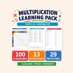 May include: A Multiplication Learning Pack printable PDF set featuring a colorful multiplication chart, mixed practice sheets, and math problems. The set includes 100 flashcards, 13 posters and charts, and 29 practice pages for facts 1-10.