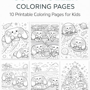 May include: A collection of 10 printable coloring pages for kids, featuring gaming controllers in various scenes. The pages include text that reads "GAMING CONTROLLER COLORING PAGES" and "10 PAGES INCLUDED". The illustrations are black and white.