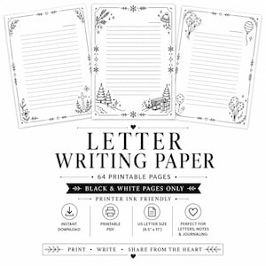 May include: Three sheets of lined stationery with black and white decorative borders. Designs include floral motifs with a cross, a winter scene with a sleigh and trees, and balloons. Text reads: LETTER WRITING PAPER, 64 PRINTABLE PAGES, US LETTER SIZE (8.5" x 11").