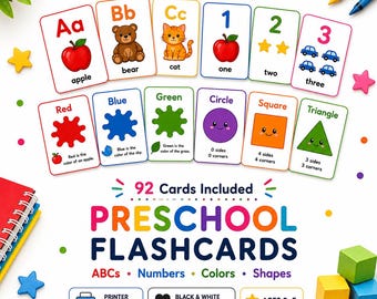Preschool Flashcards Bundle | 92 Printable ABC, Number, Color & Shape Cards | Ages 2-5