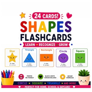 Può includere: Un set di 24 flashcard educative con forme colorate e volti. Le carte mostrano una stella, un triangolo, un rettangolo, un cerchio e un quadrato con il numero di lati e angoli. Include icone per versioni in bianco e nero e risparmio inchiostro.