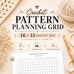 Puede incluir: Una cuadrícula imprimible para planificar patrones de ganchillo con un diseño de 16 por 15 puntos. El documento incluye el texto Crochet Pattern Planning Grid, 16 x 15 Crochet Grid, 16 stitches wide, 15 rows tall, 1 page, printable PDF, instant download.