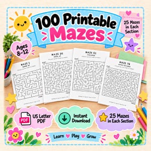 以下が含まれることがあります： 100個の印刷可能な迷路のコレクション。Maze 1、26、51、76とラベル付けされた4つのサンプルページが含まれています。ドキュメントには「100 Printable Mazes」、「Ages 8-12」、「25 Mazes in Each Section」、「US Letter PDF」、「Instant Download」、「Learn Play Grow」というテキストが記載されています。