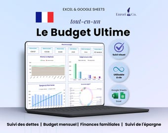 Planificateur de budget annuel et mensuel, Suivi des dettes et de l'épargne, Planificateur Financier Familial, 50/30/20, Excel Google Sheets