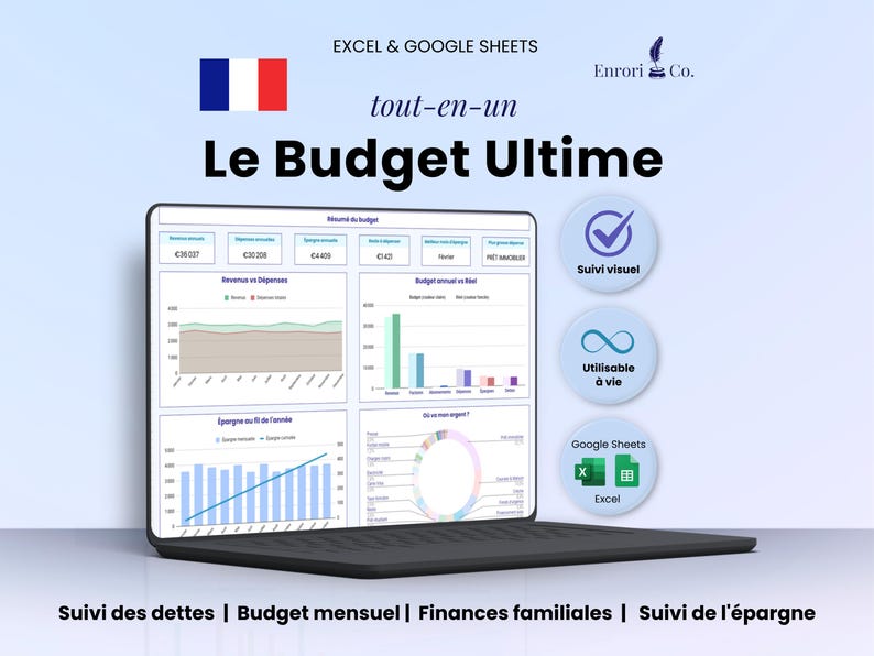 Planificateur de budget annuel et mensuel, Suivi des dettes et de l'épargne, Planificateur Financier Familial, 50/30/20, Excel Google Sheets immagine 1