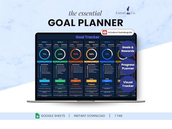 Goal Planner Spreadsheet, Yearly Monthly Goals, Annual Goal Tracker, Productivity Planner, Self Improvement, Personal Growth Google Sheets