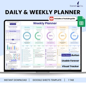 Wekelijkse planner, planner dagelijkse planning, takentracker, takenlijst, dagelijkse checklist, gewoonteplanner, productiviteitsplanner, agenda Google Spreadsheets