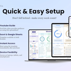 Easy to use:
1. Includes Youtube guide that provides instructions.
2. User-Friendly spreadsheet available in Microsoft Excel and Google Sheets formats.
3. Instant Access after buying.
4. Device Flexibility: access on laptops, tablets and smartphone.