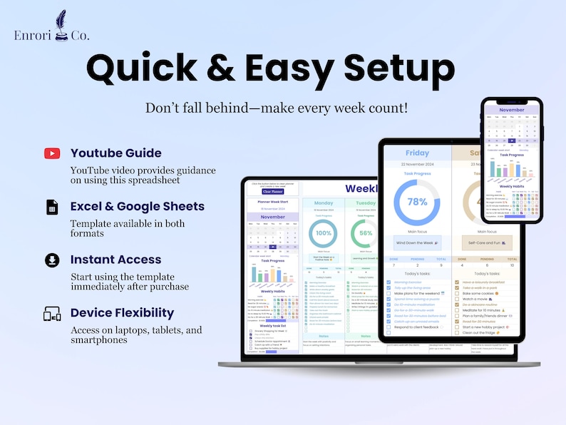 Easy to use:
1. Includes Youtube guide that provides instructions.
2. User-Friendly spreadsheet available in Microsoft Excel and Google Sheets formats.
3. Instant Access after buying.
4. Device Flexibility: access on laptops, tablets and smartphone.