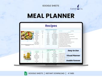 May include: A laptop displays a meal planner template with recipes for a chicken and avocado salad bowl and veggie egg muffin cups. The screen shows ingredient lists, measurements, and cooking instructions. The words "Meal Planner" are at the top.