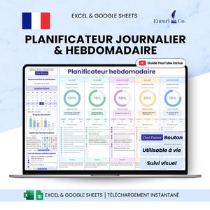 Op de afbeelding: Een laptopscherm toont een digitale planner met de tekst "PLANIFICATEUR JOURNALIER & HEBDOMADAIRE". Het scherm toont een weekplanner met voortgangsindicatoren en een kalender. De Franse vlag staat linksboven.
