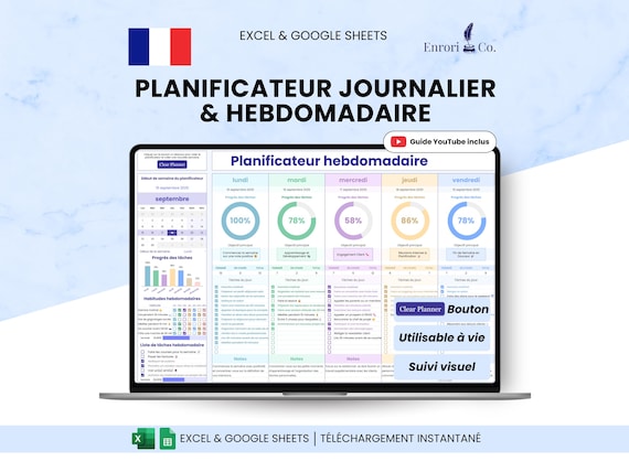 Planificateur Hebdomadaire & Journalier, Suivi Tâches, To-Do Liste, Checklist Quotidienne, Suivi Habitudes, Agenda Google Sheets, Excel