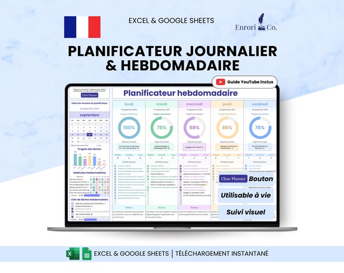 Checklist Journalier Planificateur Hebdomadaire & Journalier, Suivi des tâches, To-Do List ...