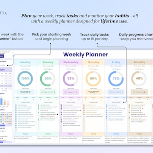 Plan your week, track tasks and monitor your habits - all with a weekly planner designed for lifetime use. Features:
1.Start new week with Clear Planner button.
2. Pick your starting week.
3. Track up-to 15 daily tasks.
4. See Daily progress charts.