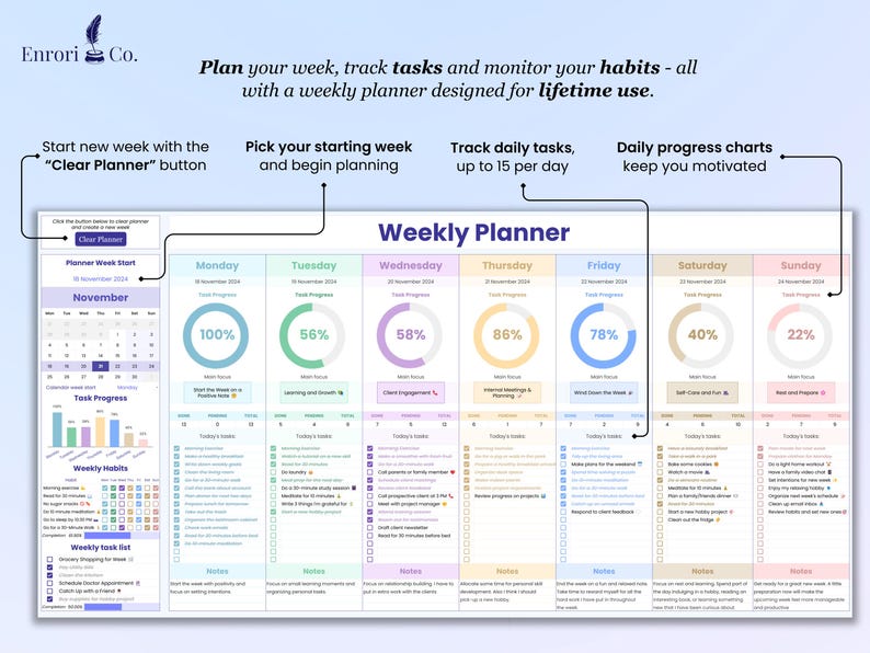 Plan your week, track tasks and monitor your habits - all with a weekly planner designed for lifetime use. Features:
1.Start new week with Clear Planner button.
2. Pick your starting week.
3. Track up-to 15 daily tasks.
4. See Daily progress charts.