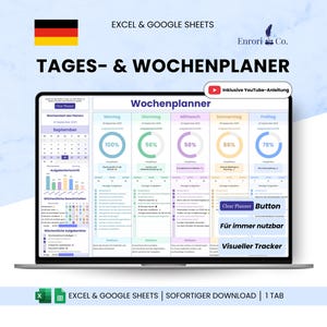 Könnte beinhalten: Ein Laptop-Bildschirm zeigt einen digitalen Wochenplaner mit der Aufschrift "Tages- & Wochenplaner" und "Excel & Google Sheets." Der Planer zeigt einen Zeitplan mit Fortschrittsanzeigen und den Text "Clear Planner Button" und "Visueller Tracker."