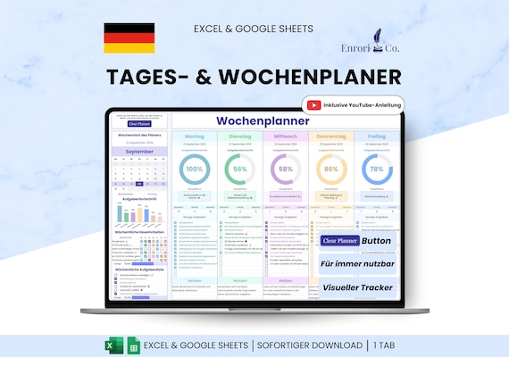 Wochenplaner, Tagesplaner, Aufgabenplaner, Lernplaner, To-Do-Liste, Tägliche Checkliste, Gewohnheitsplaner, Agenda für Google Sheets & Excel