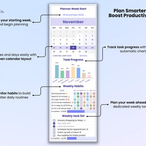 Plan smarter & boost productivity! Features:
1. Pick your starting week
2. See dates and days with calendar
3. Track task progress with intuitive charts
4. Monitor habits to build better daily routines
5. Plan your week ahead with weekly task list
