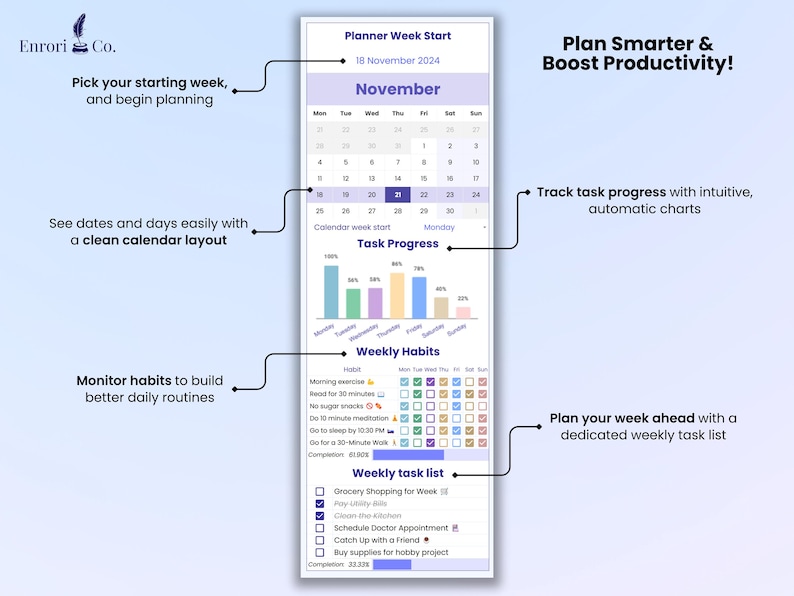 Plan smarter & boost productivity! Features:
1. Pick your starting week
2. See dates and days with calendar
3. Track task progress with intuitive charts
4. Monitor habits to build better daily routines
5. Plan your week ahead with weekly task list