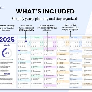Simplify yearly planning and stay organized:
1. Set yearly & monthly goals to achieve big milestone
2. Reusable for future years and lifetime use
3. Track daily tasks, events and birthdays with ease
4. Color-coded monthly layout for simple navigation